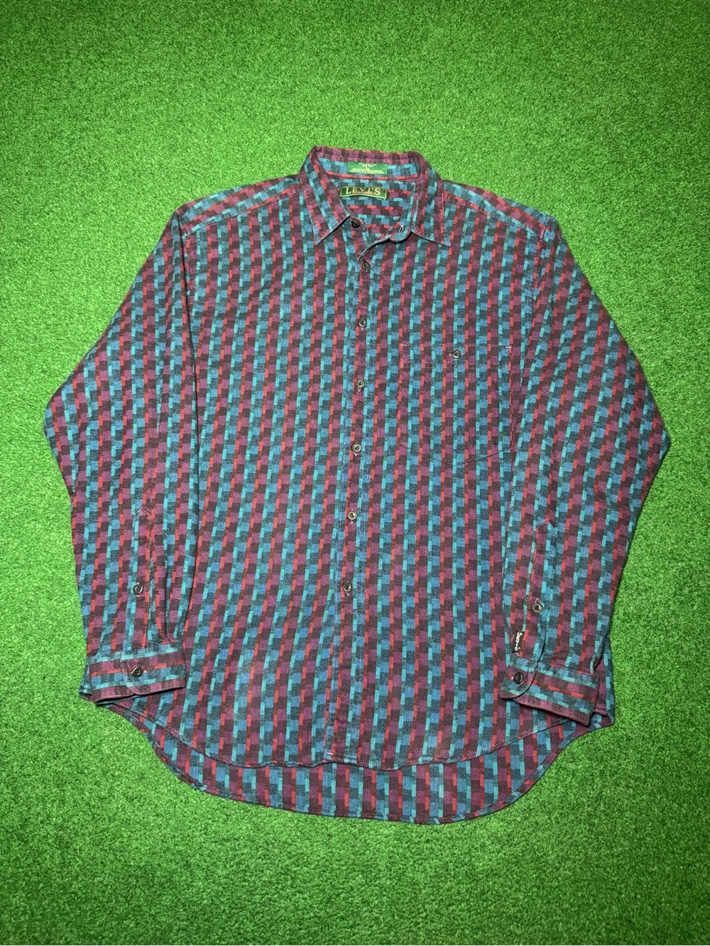Levis Vintage Button Stutter Creek Big E 80s Geometric L Shirt Retro USA Made